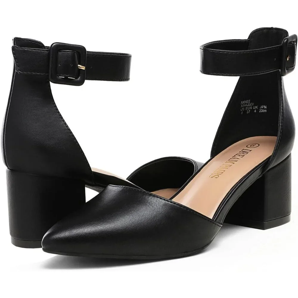 Women's Black Pointed Toe Heels with Ankle Strap and 2.25 Inches Block Heel - Picture 6 of 6